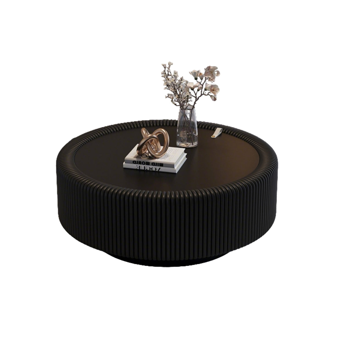 Black Round Fluted Coffee Table with Tempered Glass Top