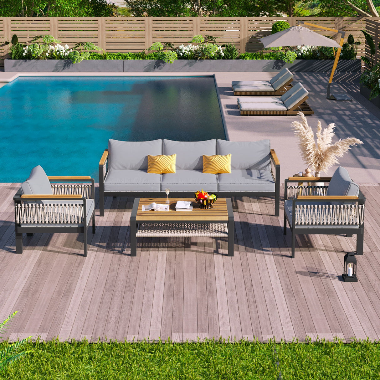4 Pieces Outdoor Sectional Sofa Set 5 Person Patio Seating Group Outdoor Conversation Set With Cushions And A Coffee Table For Patios