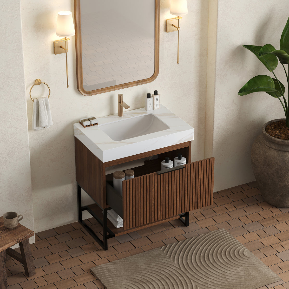 YOLAN 30" Bathroom Vanity & Sink, Freestanding Striped Plywood Storage Cabinet