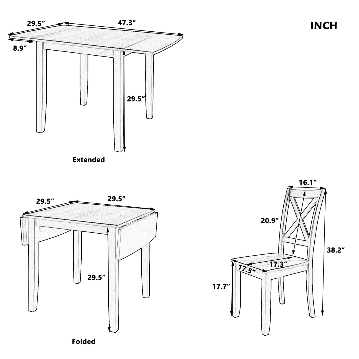 TOPMAX 3-Piece Wood Drop Leaf Breakfast Nook Dining Table Set with 2 X-back Chairs