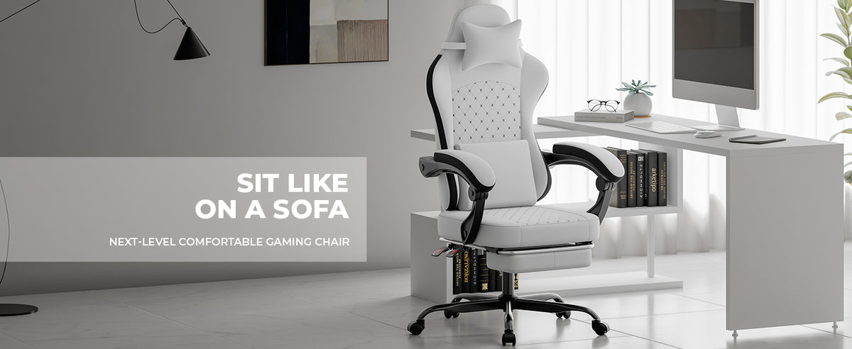 Gaming Chair with Massage, Ergonomic Design, White/Black