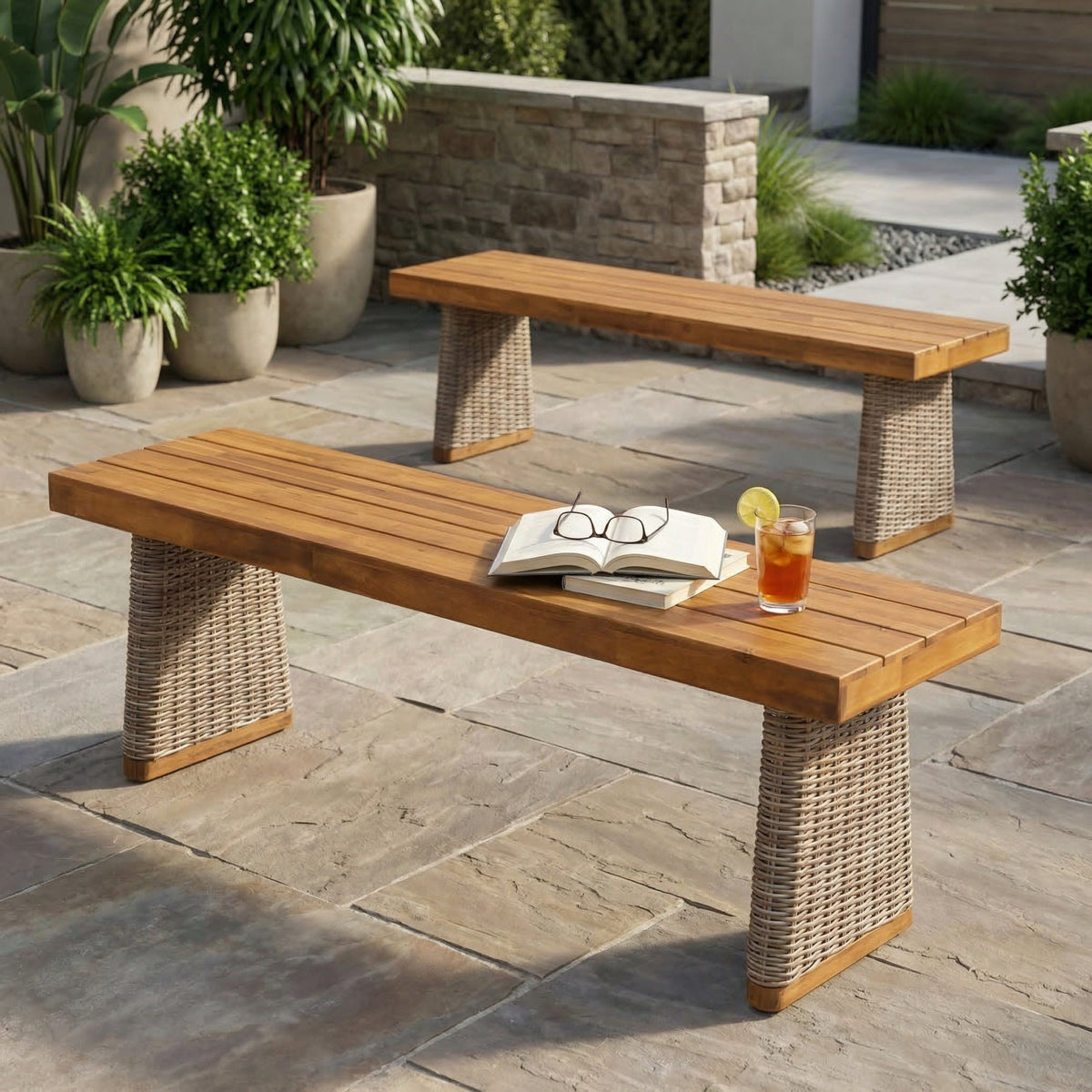 Outdoor Acacia Wood Bench (Set of 2), Teak Finish