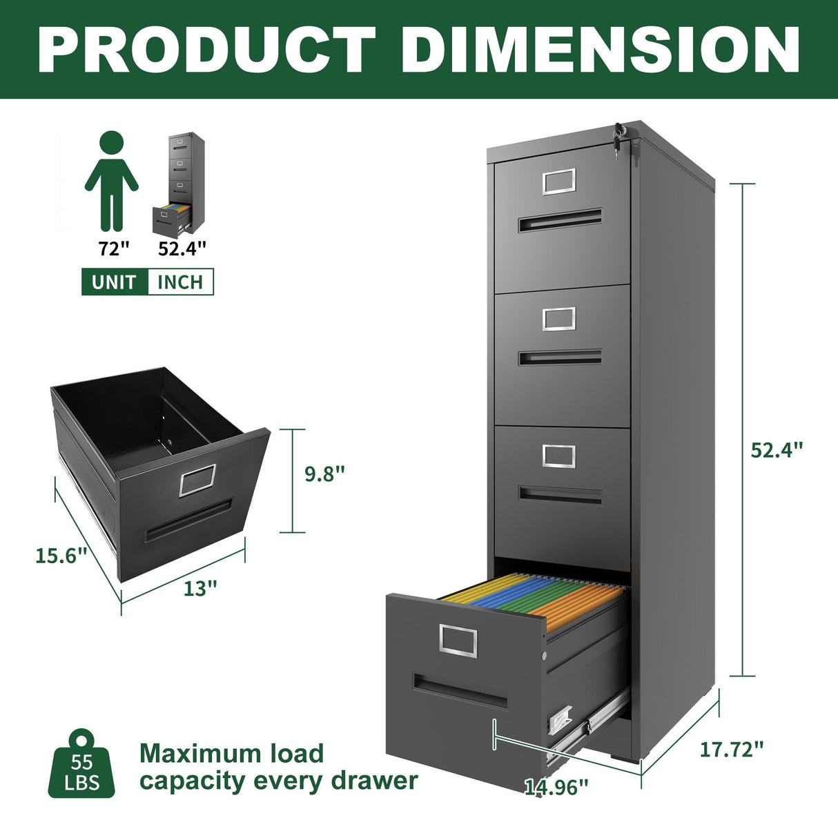Premium Drawer File Cabinet With Lock, Metal Vertical Design, A4 Legal / Letter Size
