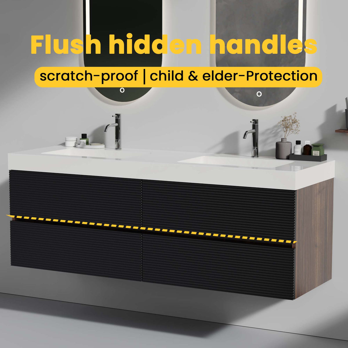 Grace 60-Inch Wall-Mounted Bathroom Vanity, Walnut and Black with Double Sinks