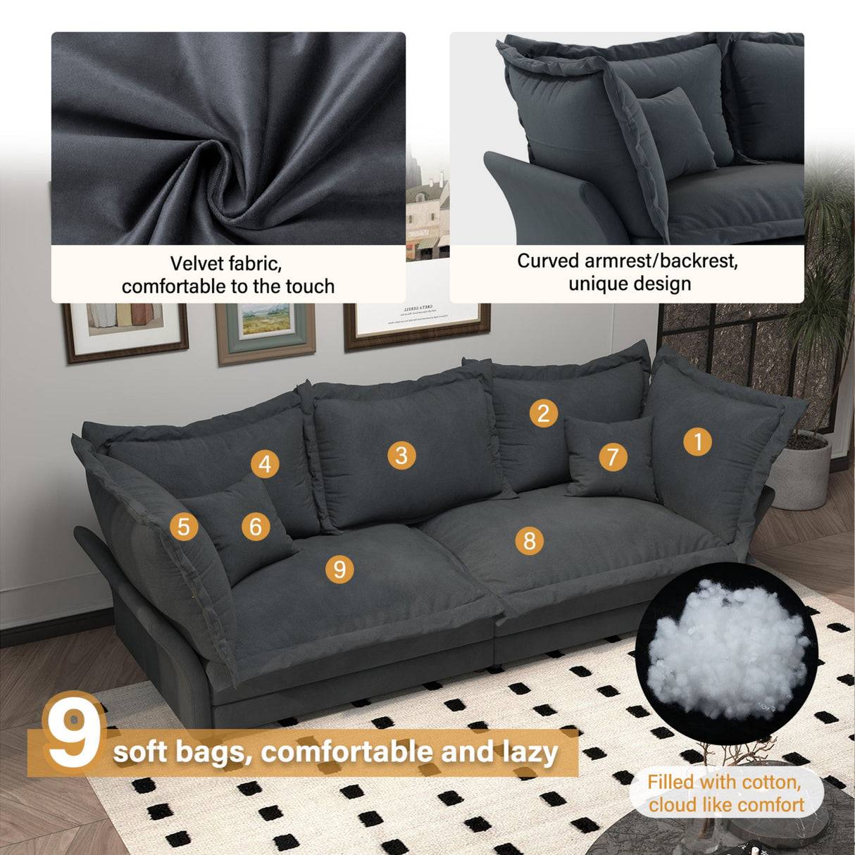 Modern Comfy Upholstered Sofa Cloud Couch, Deep Seat Couches With Multiple Large Soft Pillows