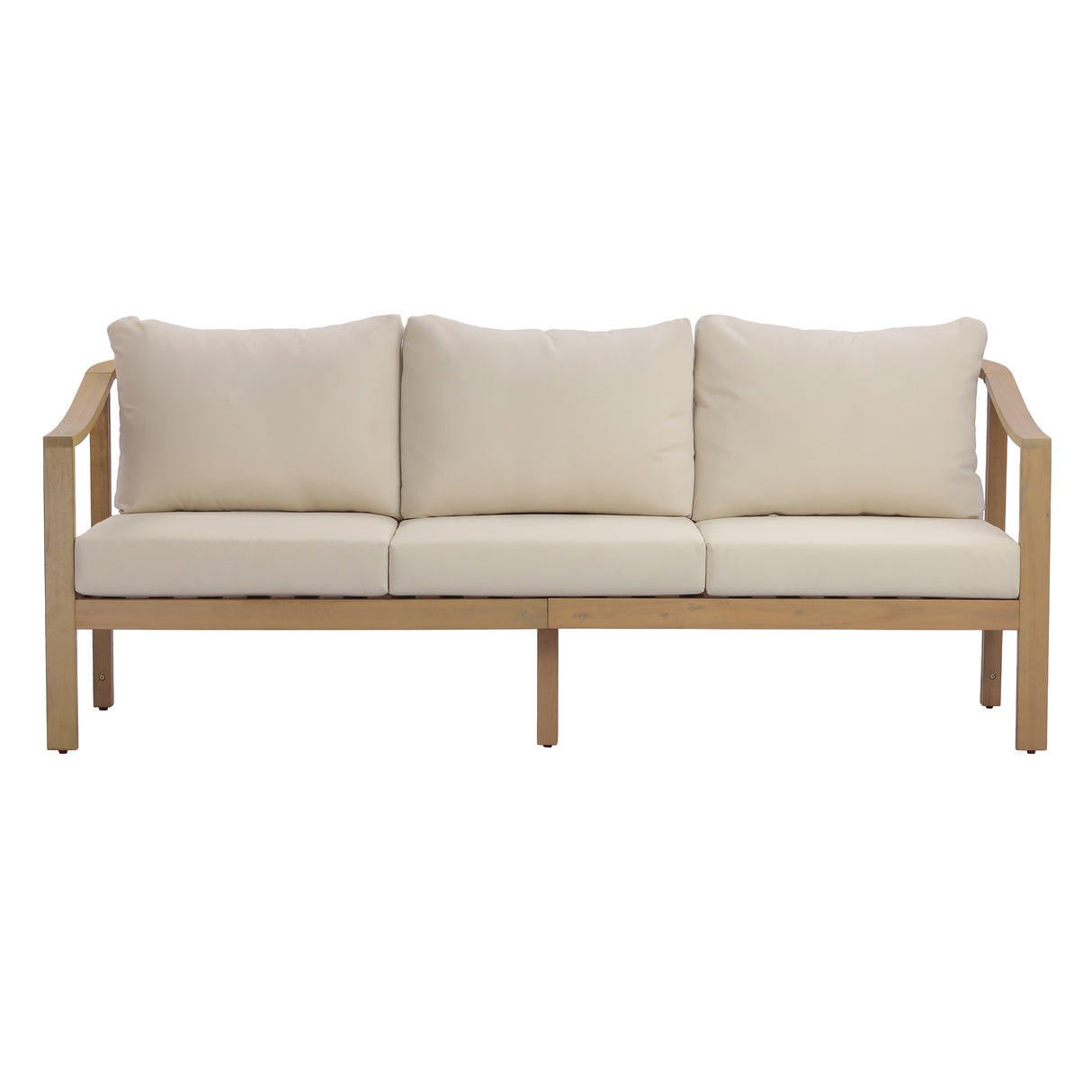 77.95" Outdoor Acacia Wood 3-Seater Sofa with Beige Cushions