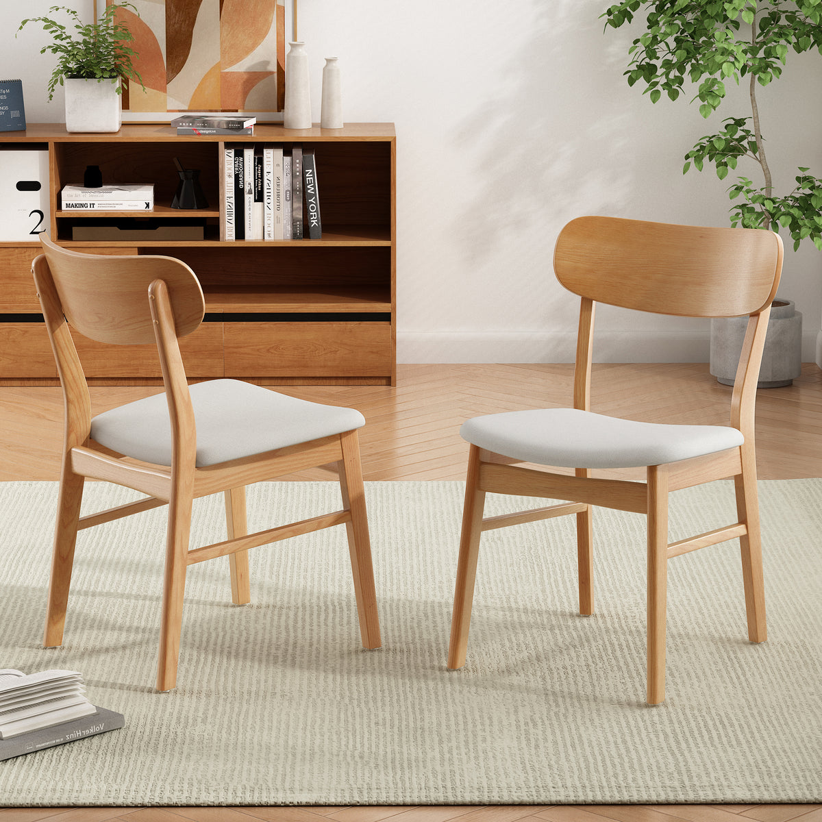 Set of 2 Dining Chairs - Upholstered Seat, Rubberwood Legs