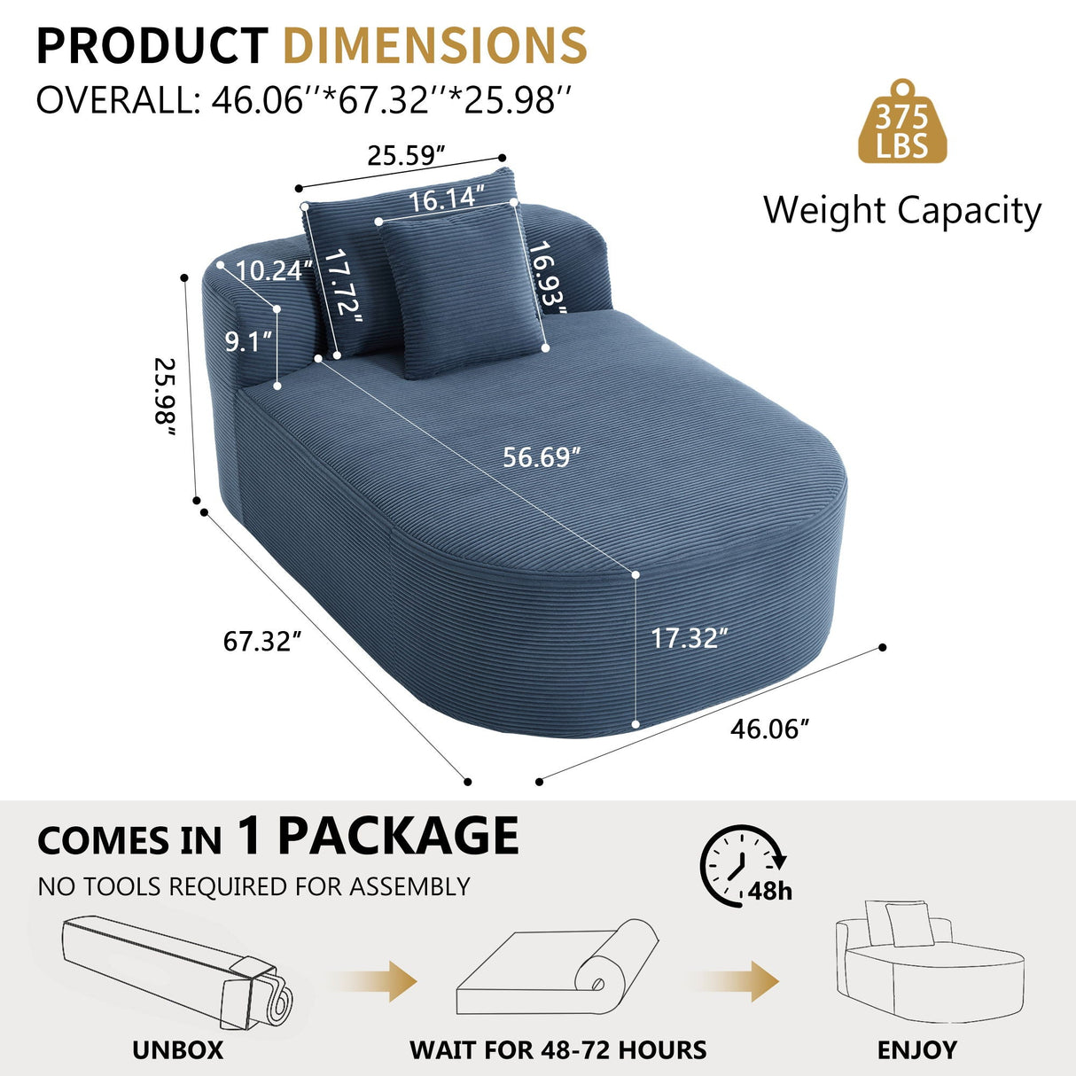 Oversized Corduroy Chaise Lounge Sofa Bed With Deep Seat And Soft Pillows