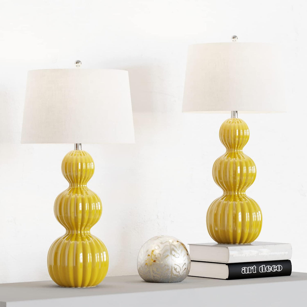 28-Inch Ceramic Table Lamps Set of 2, Modern Triple Gourd, Yellow with White Shade