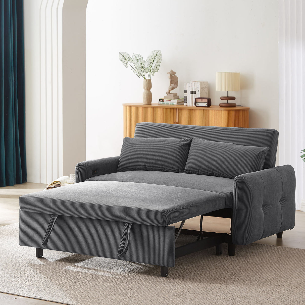 Pull-Out 2 Seat Modern Sleeper Sofa With 2 Throw Pillows And USB Ports