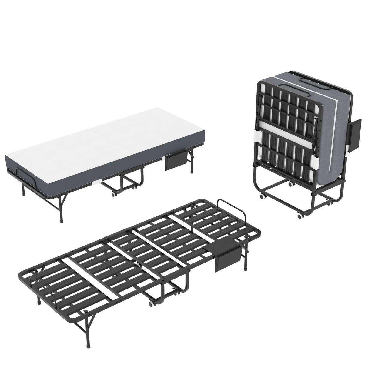 Twin Folding Bed With Memory Foam Mattress, Space Saving Rollaway Guest, On Wheels, Portable For Adults & Guests - Black