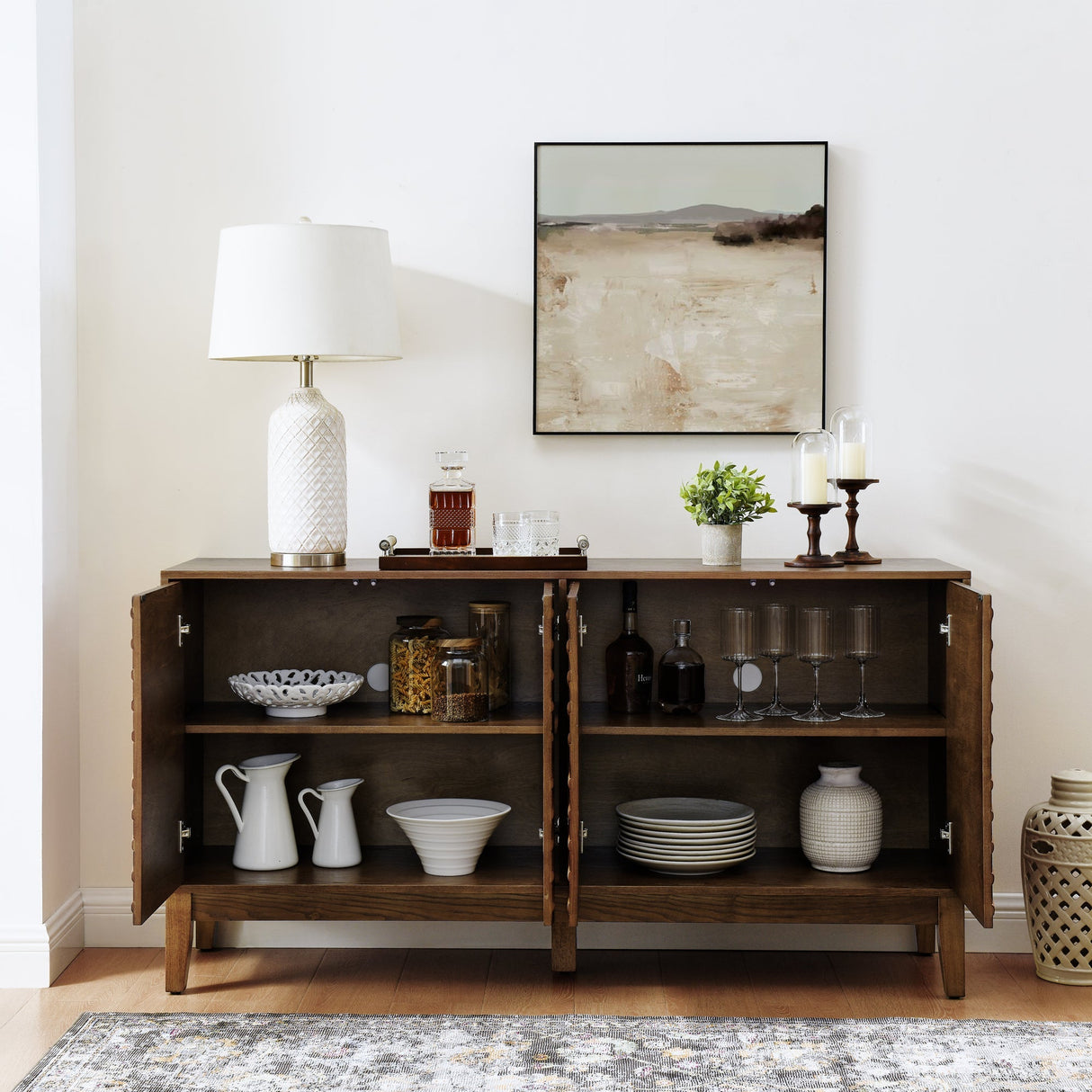 Diamond Fluted Sideboard Storage Cabinet with Adjustable Shelves