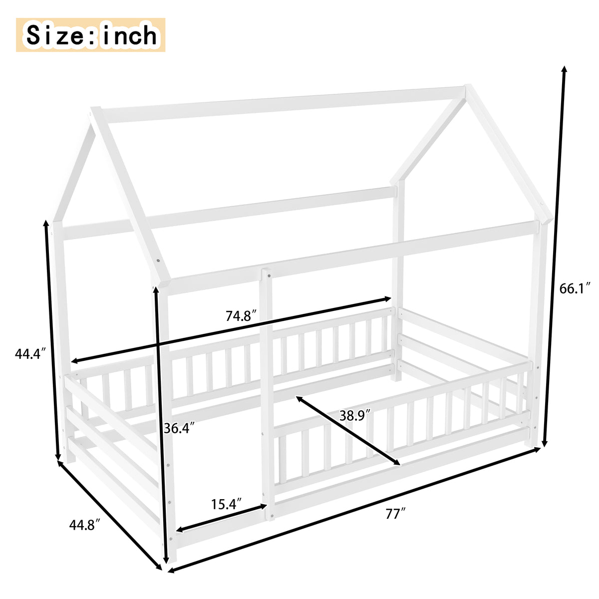 Twin Size Floor Wooden Bed with House Roof Frame