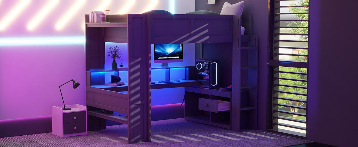 Wood Full Size Gaming Loft Bed with Desk, Multi-storage Shelves, LED and Charging Station