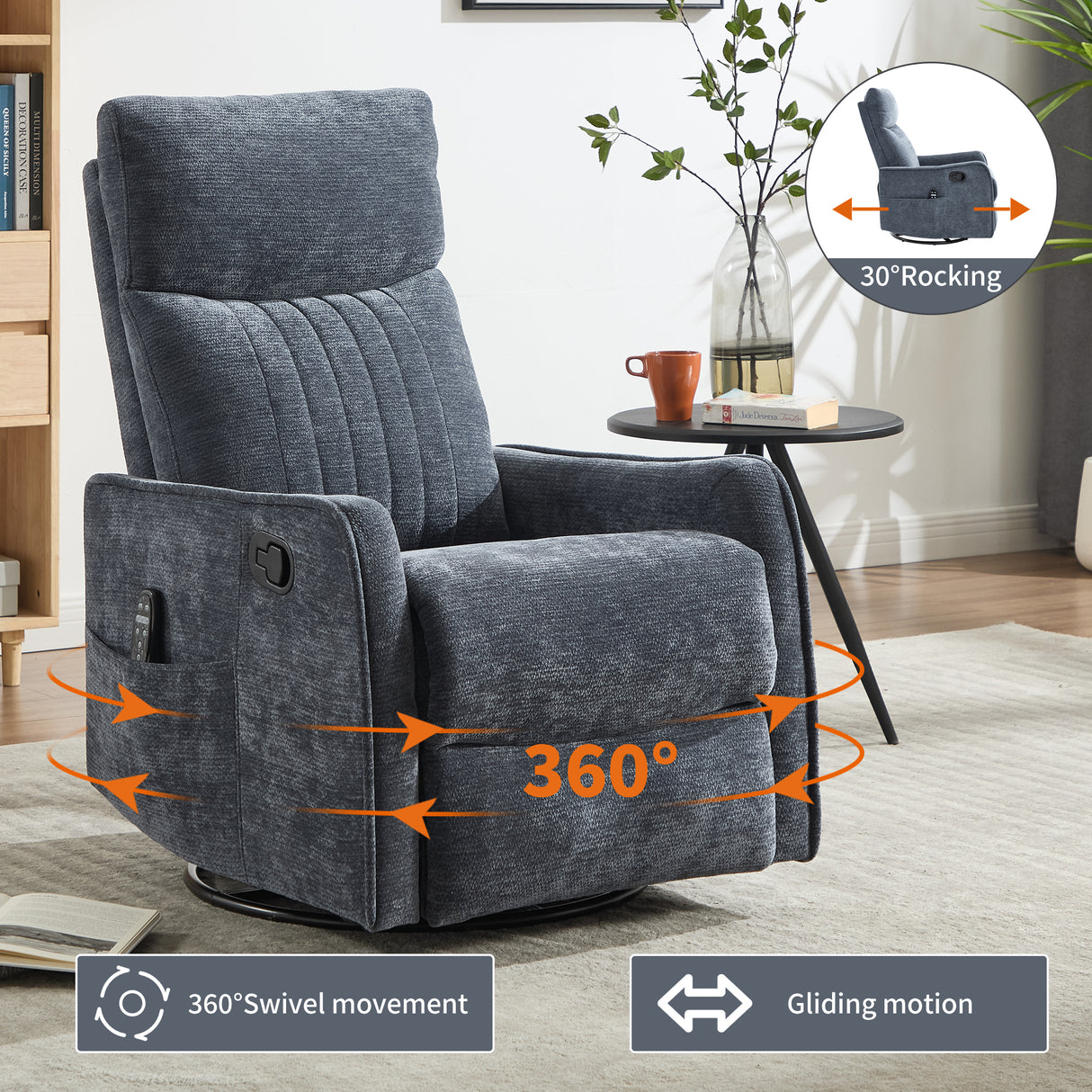 Blue Heat Massage Manual Recliner Chair with Rocker and Swivel