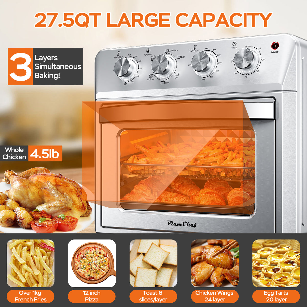 Plum Chef Air Fryer Oven 27.5QT - 6-in-1 Countertop Oven