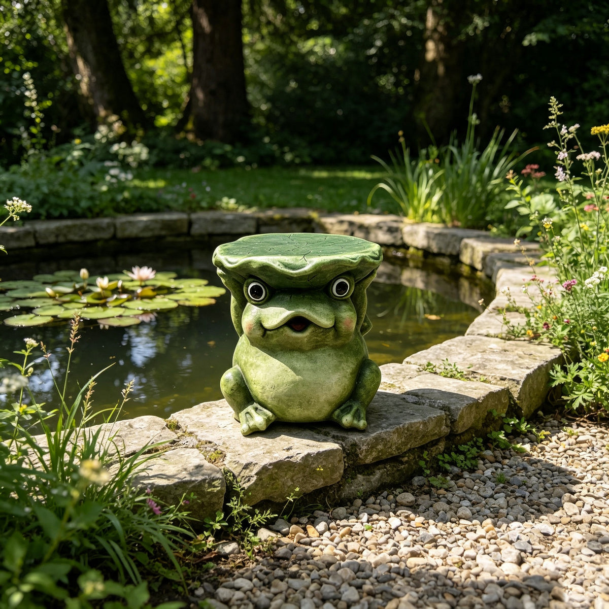 12'' Cute Frog Statue With Lotus Leaf Hat