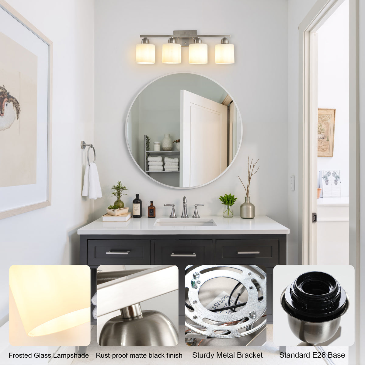 Modern 4-Light Bathroom Fixture with Nickel Finish and Milky
