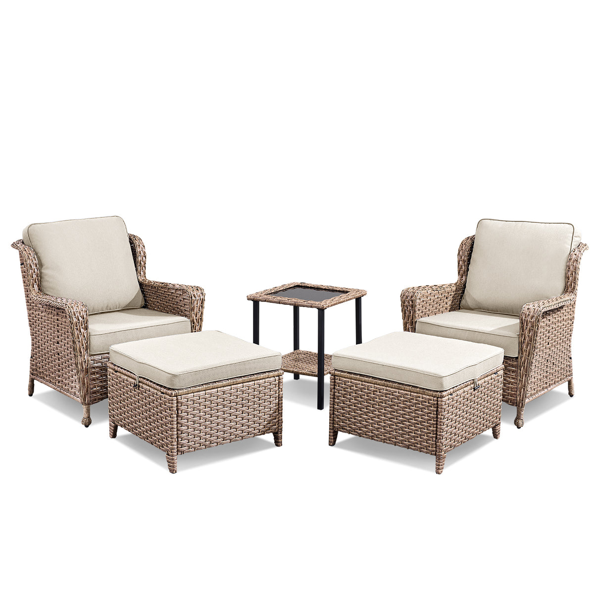 5-Piece Outdoor Lounge Chairs Set with Side Table and Ottomans
