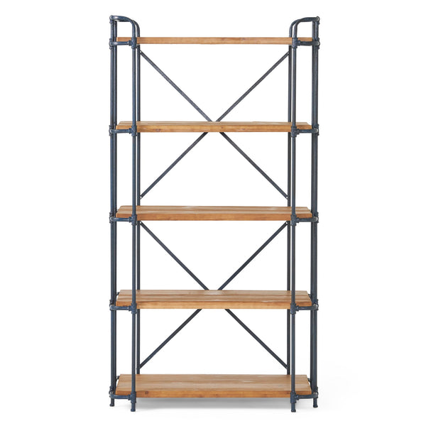 Yorktown Industrial 5 Shelf Bookcase with Metal Pipework and Solid Fir - Natural