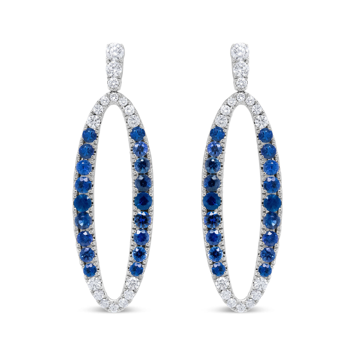 18K White Gold 1.11 Cttw Blue Round Diamond and Blue Sapphire Openwork Oval Shaped Dangle Earrings (F-G Color, VS1-VS2 Clarity)