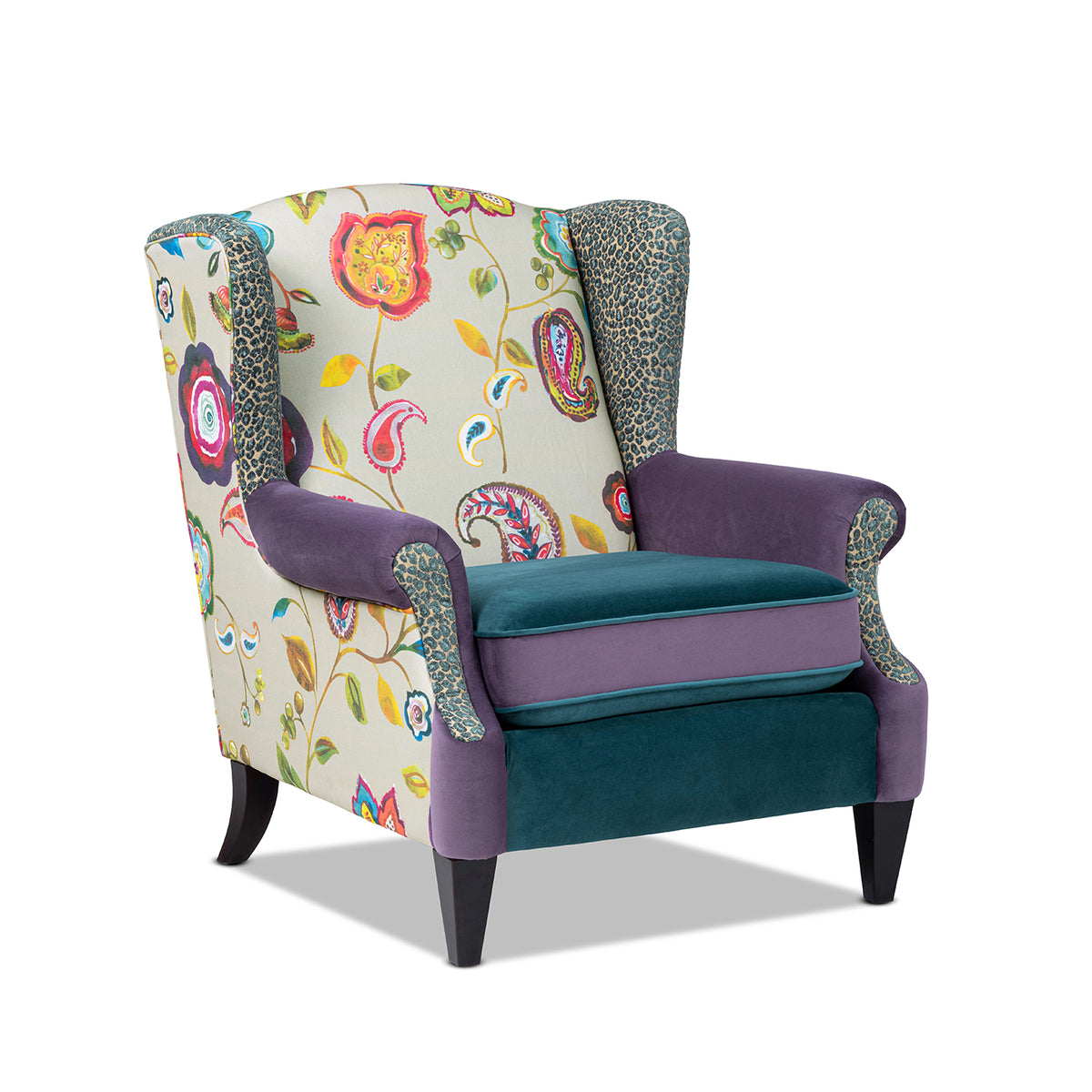 Anya Boho Chic Wingback Accent Chair, Floral & Leopard Print, Teal Multi