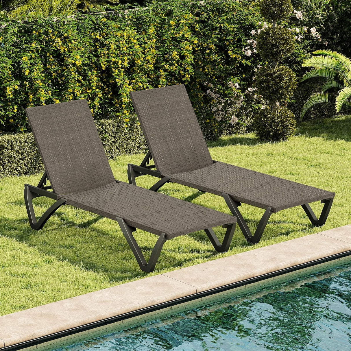 Pool Lounge Chairs Set of 2, Wicker Adjustable Outdoor Chaise Lounge with Wheels