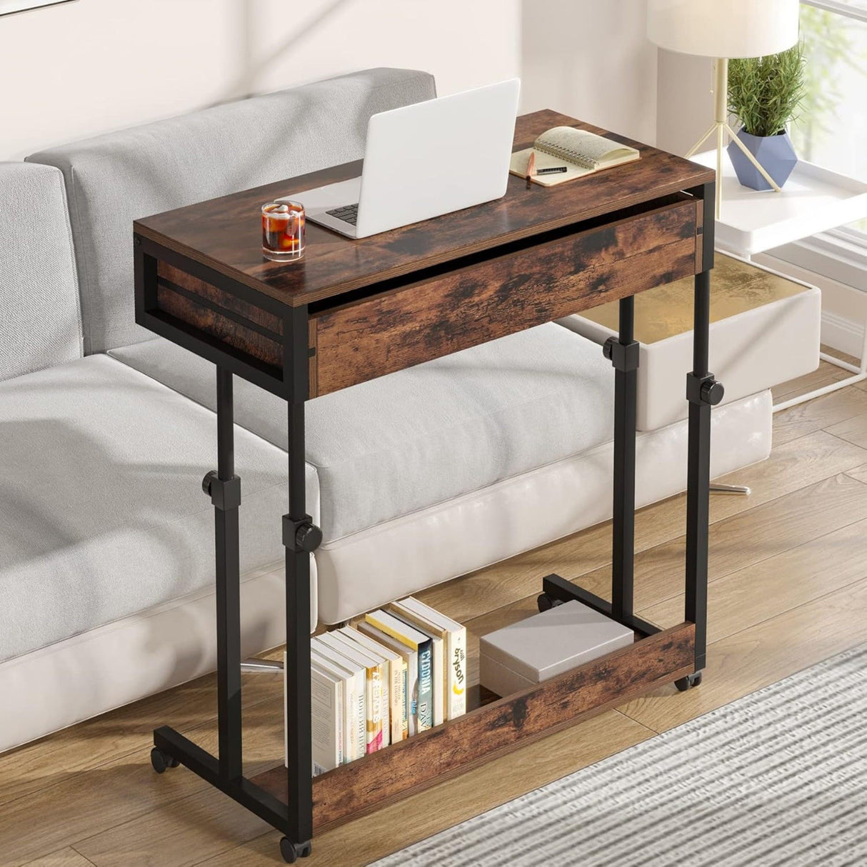 Portable Laptop Desk With Drawer & Wheels, Height Adjustable, Storage Shelf - Brown / Black
