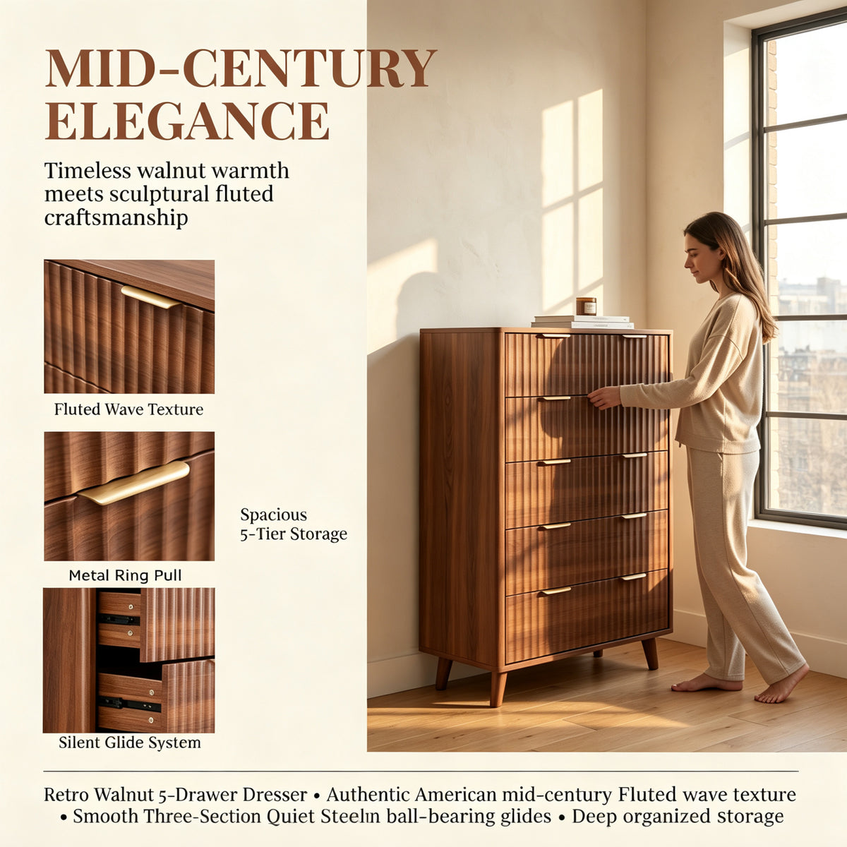 Tall 5-Drawer Dresser, Mid-Century Modern, Walnut