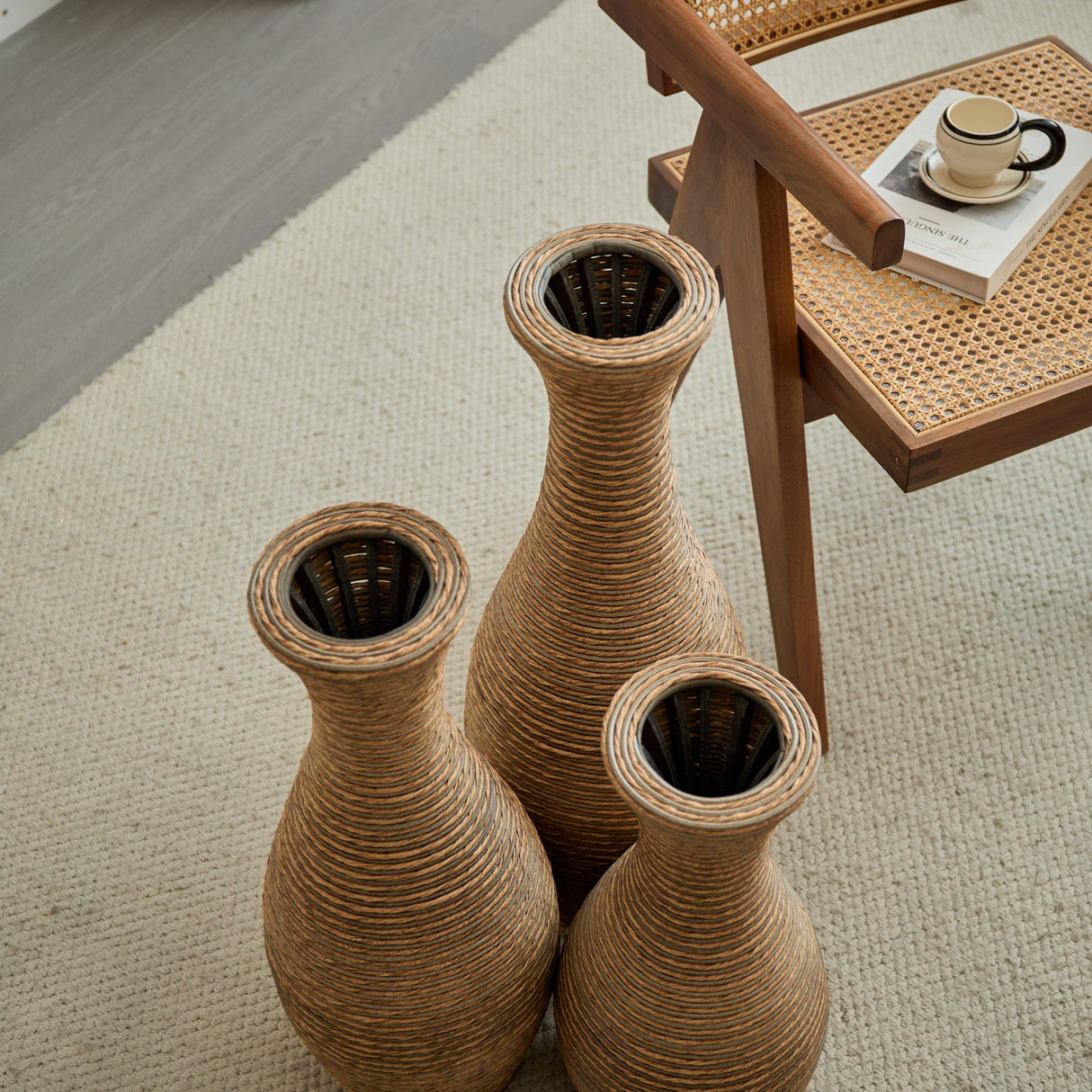 3 Piece Artificial Rattan Floor Vase Set Decorative Accent For Living Room, Hallway & Entryway, Ideal For Dried Or Silk Flower Arrangements - Beige