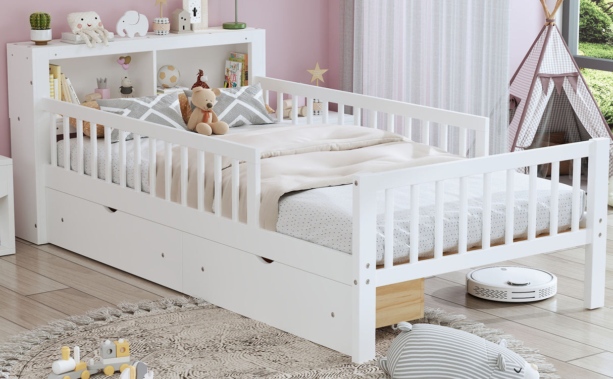 Bed With Headboard Storage Rack, 2 Under Bed Drawers, 3 Side Guardrails For Safety