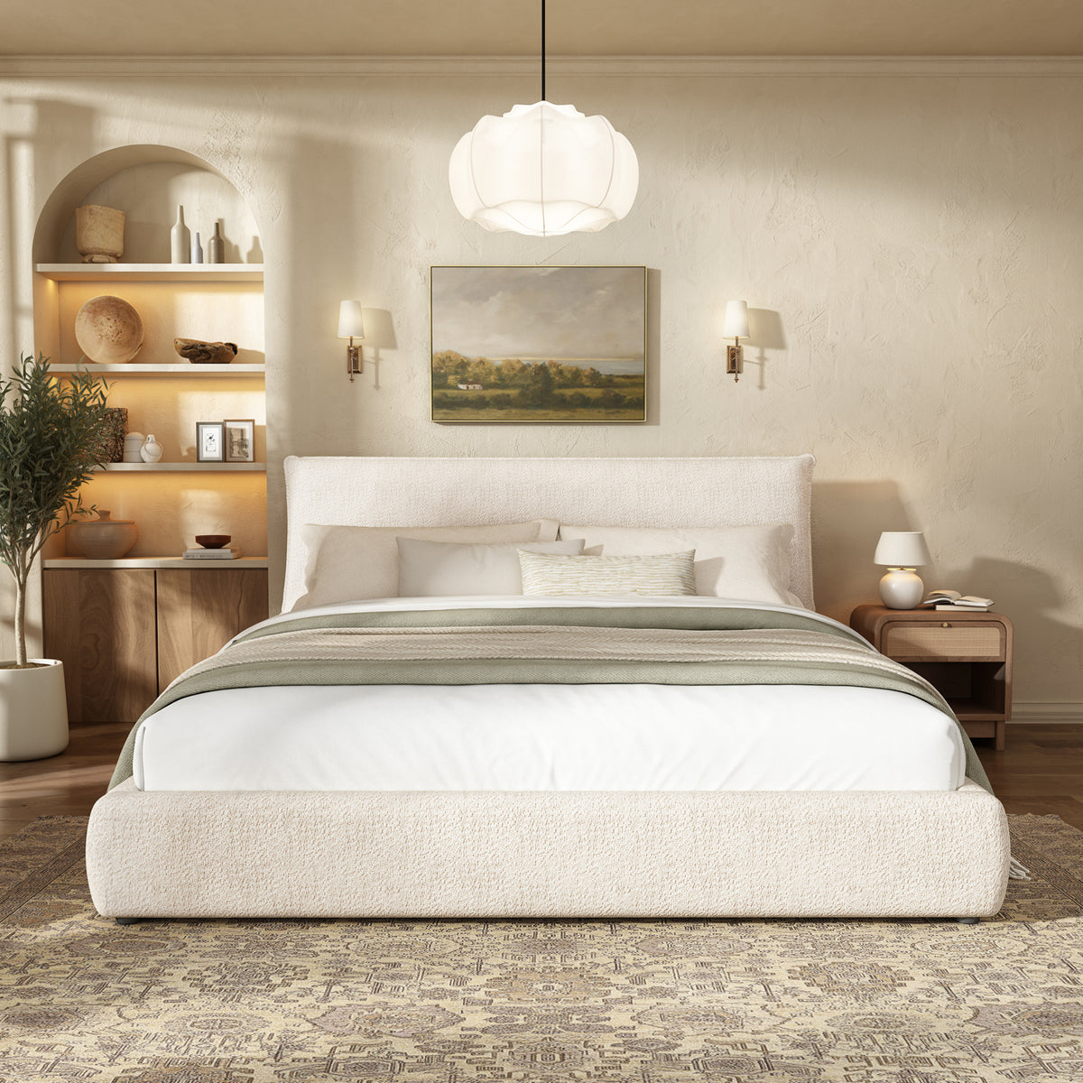 Upholstered Platform Bed Frame with Oversized Plush Pillow Headboard