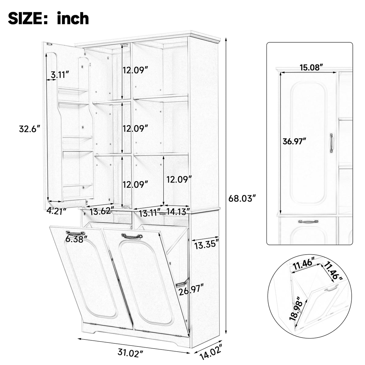 Freestanding Tall Storage Cabinet with 2 Tilt-Out Hampers