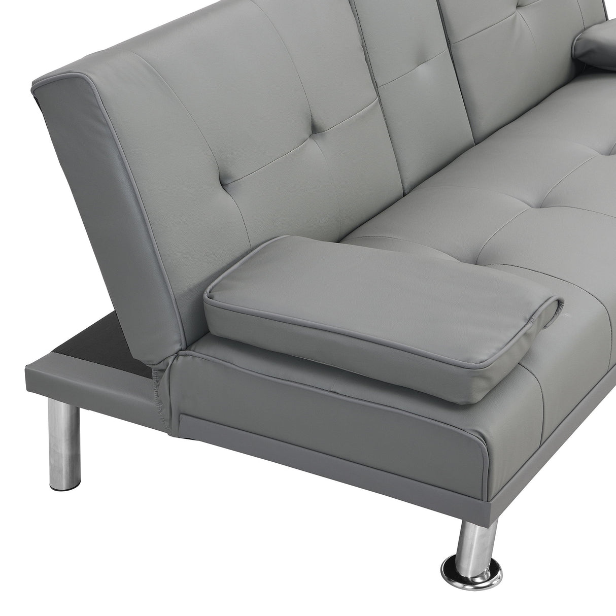 Sofa Bed With Armrest Two Holders Wood Frame, Stainless Leg Futon - Gray