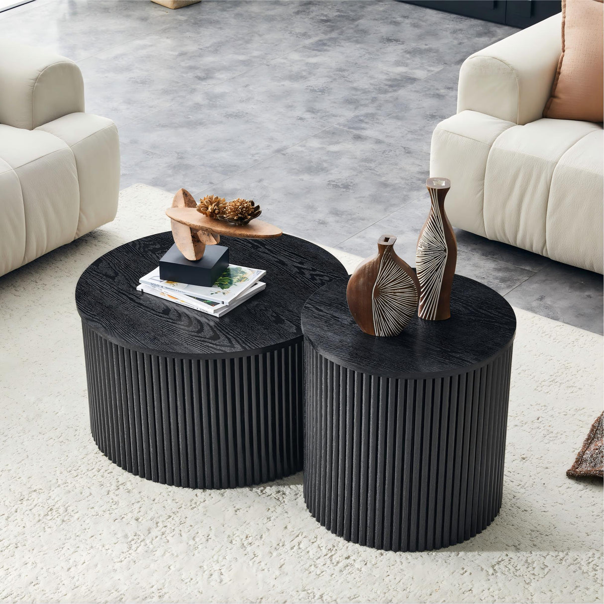 2-Piece Nesting Coffee Table Set, Roman Column Design MDF Round Tables with Built-in Storage