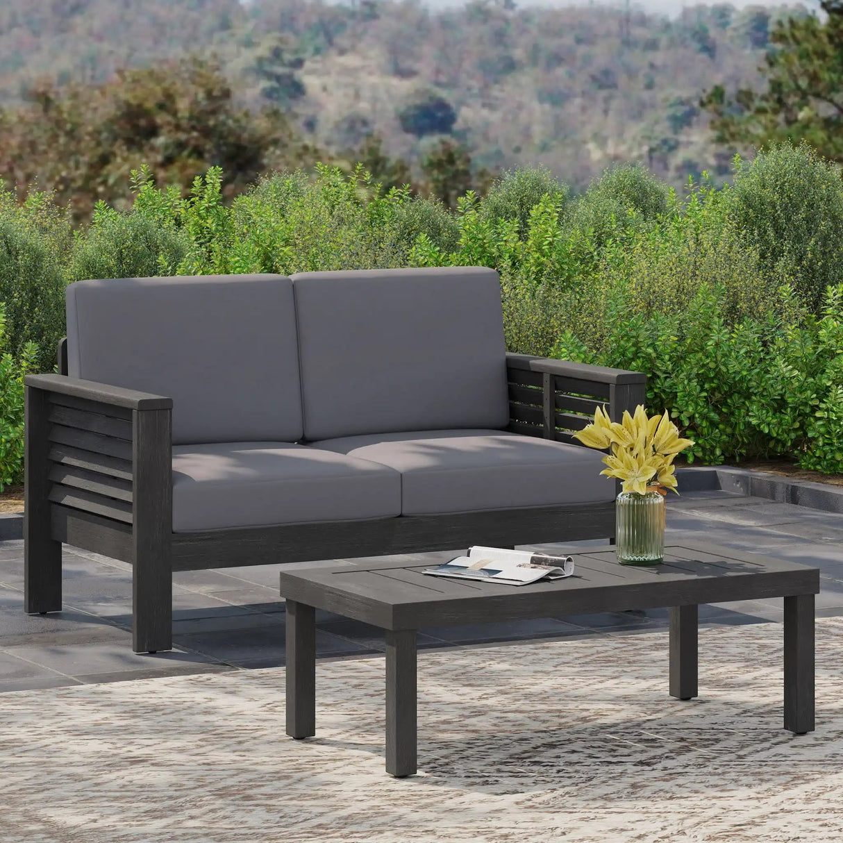 Acacia Wood Loveseat And Coffee Table Set With Cushions - Best Buy Furniture