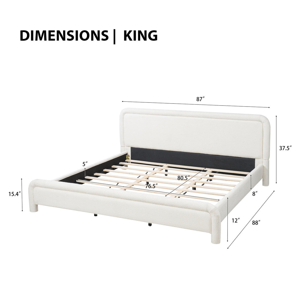 King Size Upholstered Platform Bed Frame with Curved Headboard