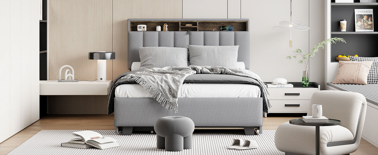 Upholstered Platform Bed With Storage Headboard, Trundle & 2 Drawers And A Set Of Sockets & USB Ports