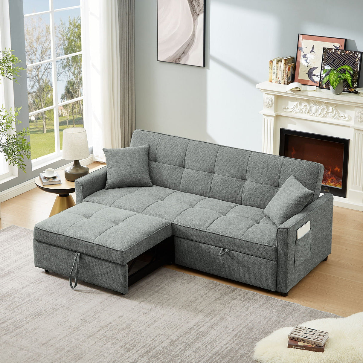 3 In 1 Convertible Sleeper Sofa Bed, Reclining Backrest, Pillows, Pockets