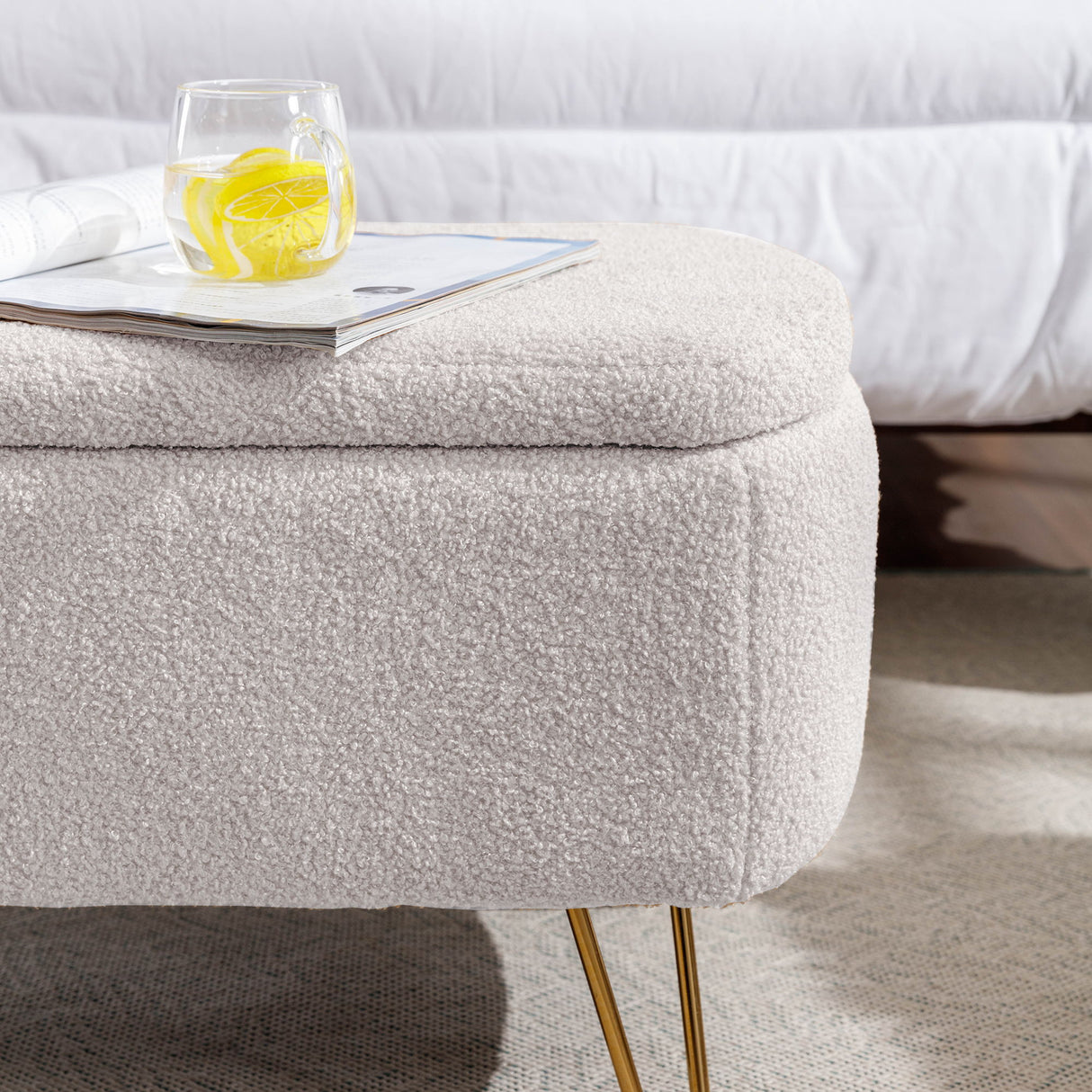 Storage Ottoman Bench For End Of Bed Legs, Modern Camel Faux Fur Entryway Bench Upholstered Padded With Storage For Living Room Bedroom