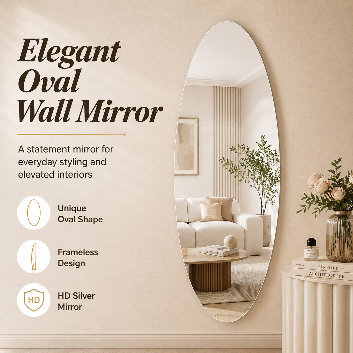 65" x 21" Modern Oval Full Length Wall Mirror, HD Copper-Free
