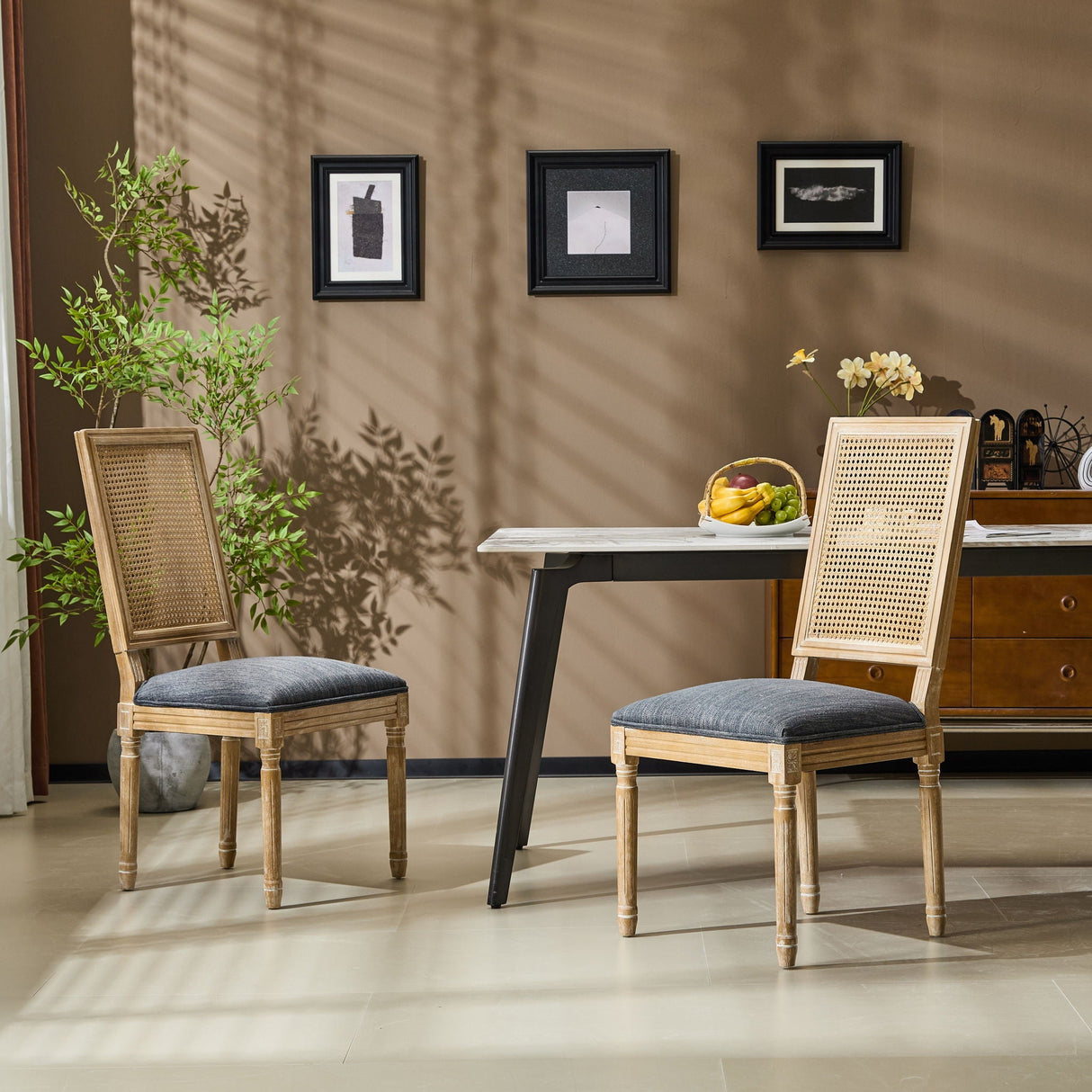 French Country Dining Chair With Rectangular Cane Backrest And Smooth Upholstered Seating - Best Buy Furniture