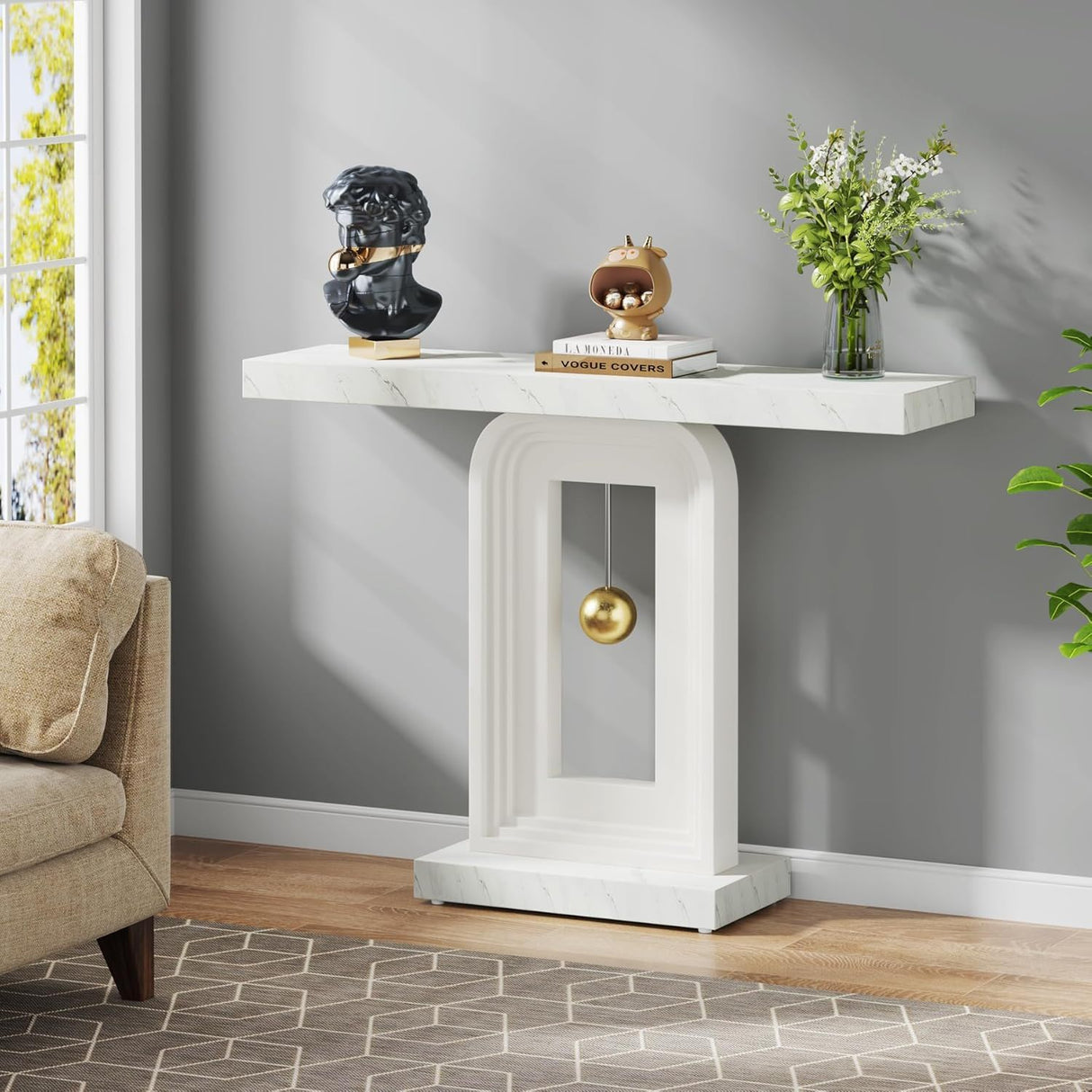 Console Table With Geometric Base For Living Room - White / Gold