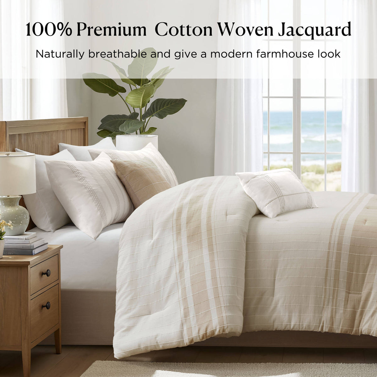 Cal King Cotton Jacquard Oversized Comforter Set with Decorative Pillows - White