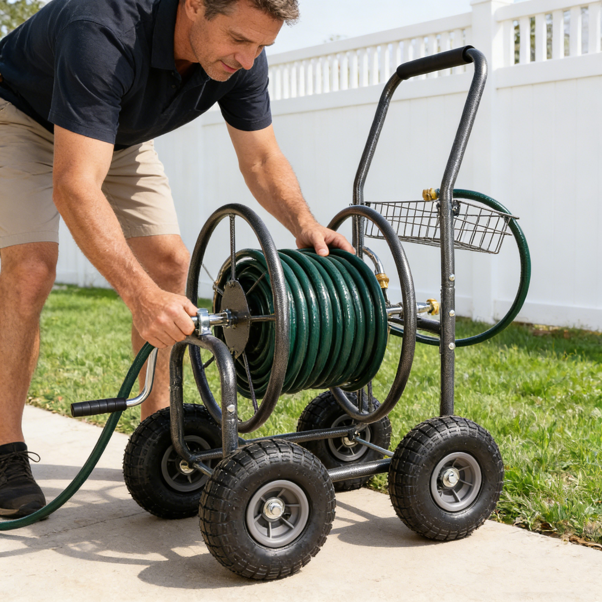 Garden Hose Reel Cart - 4 Wheels Portable with Storage Basket