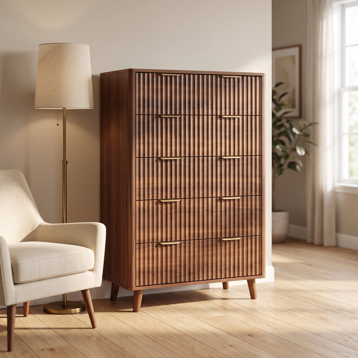 Tall 5-Drawer Dresser, Mid-Century Modern, Walnut