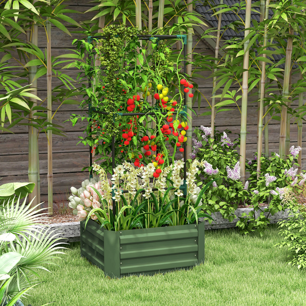 Outsunny 55" Tall Galvanized Raised Garden Bed with Trellis