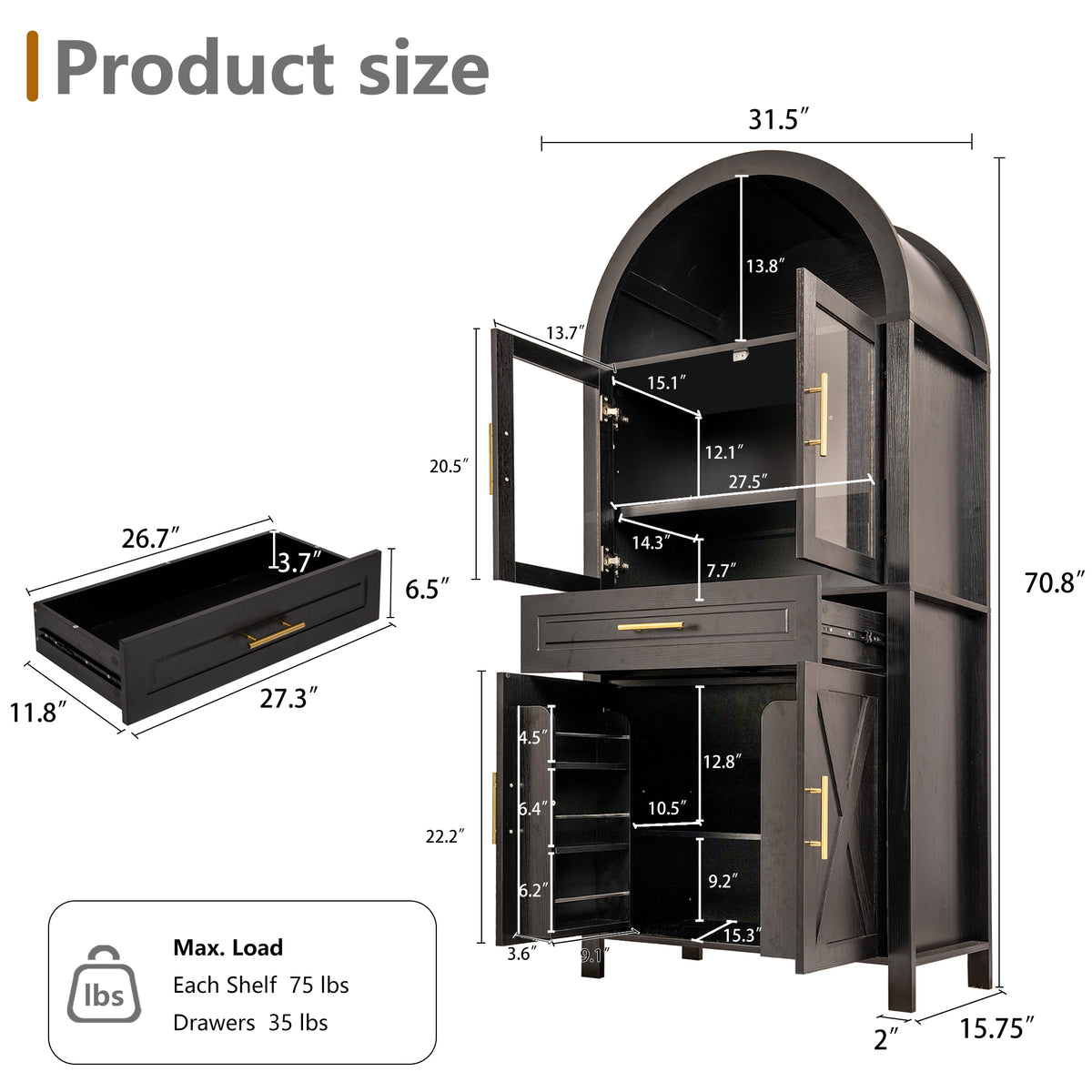 71-Inch Arched Kitchen Pantry Cabinet with Glass Barn Door, Black