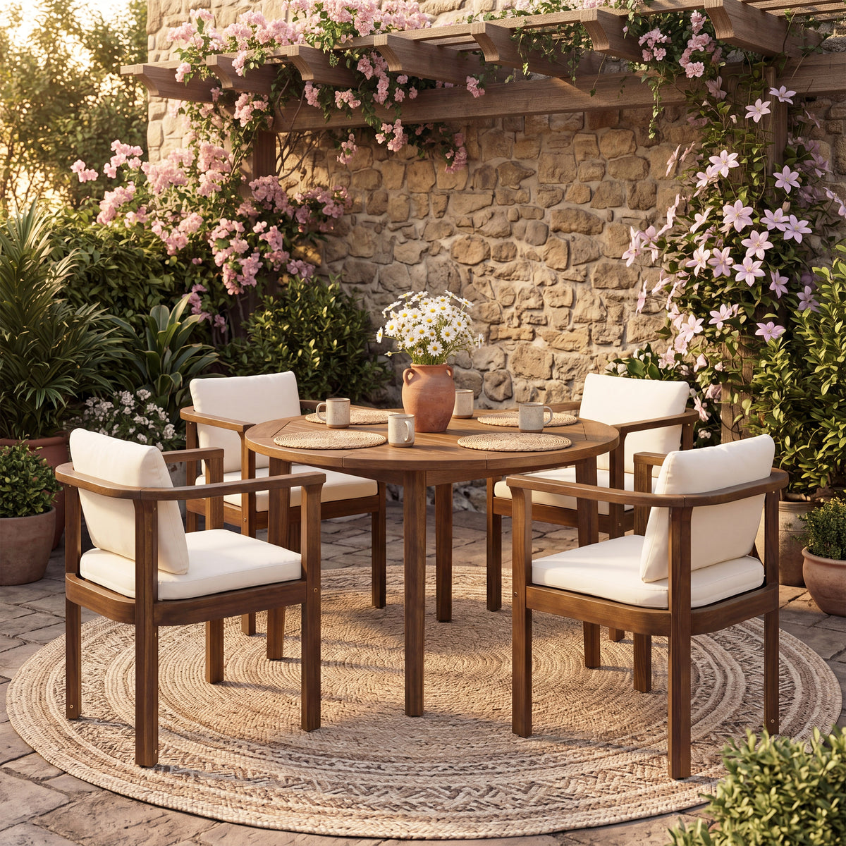 Outdoor Dining Chair Set of 4 with Curved Acacia Wood Arms