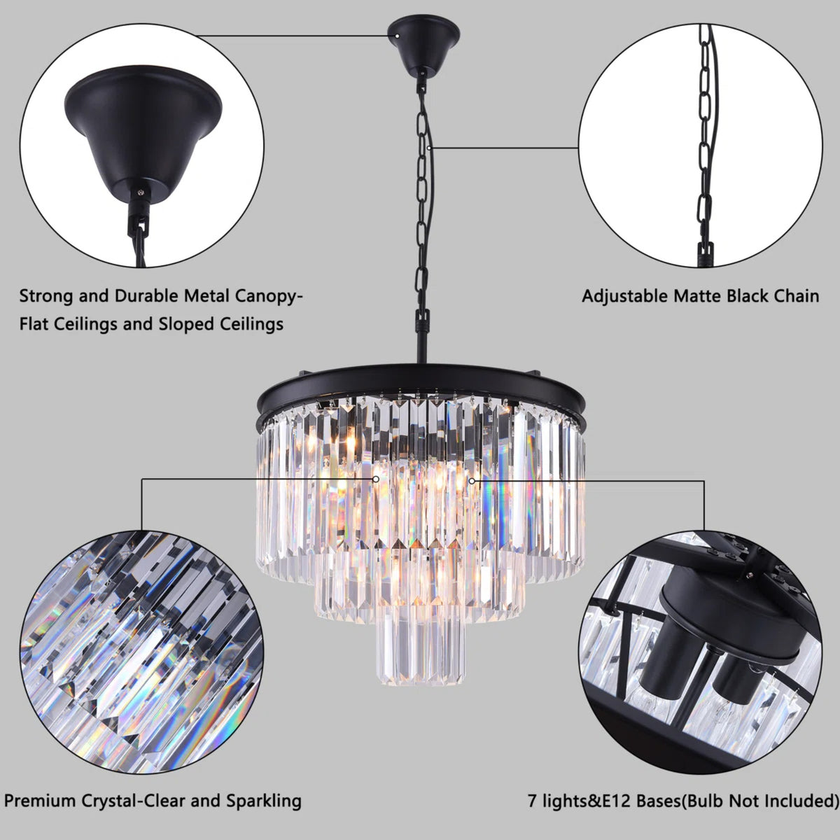 19.7-Inch 7-Light Dimmable Tiered Chandelier, Chrome